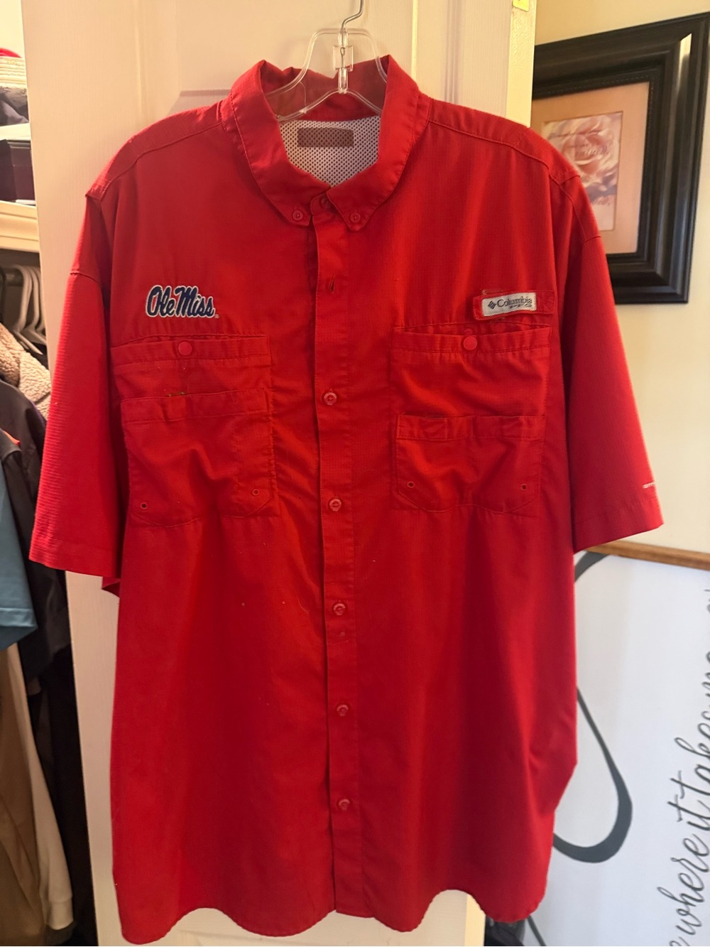 Columbia Men's Red Short-Sleeve Button-Down Shirt with Ole Miss Embroidery
